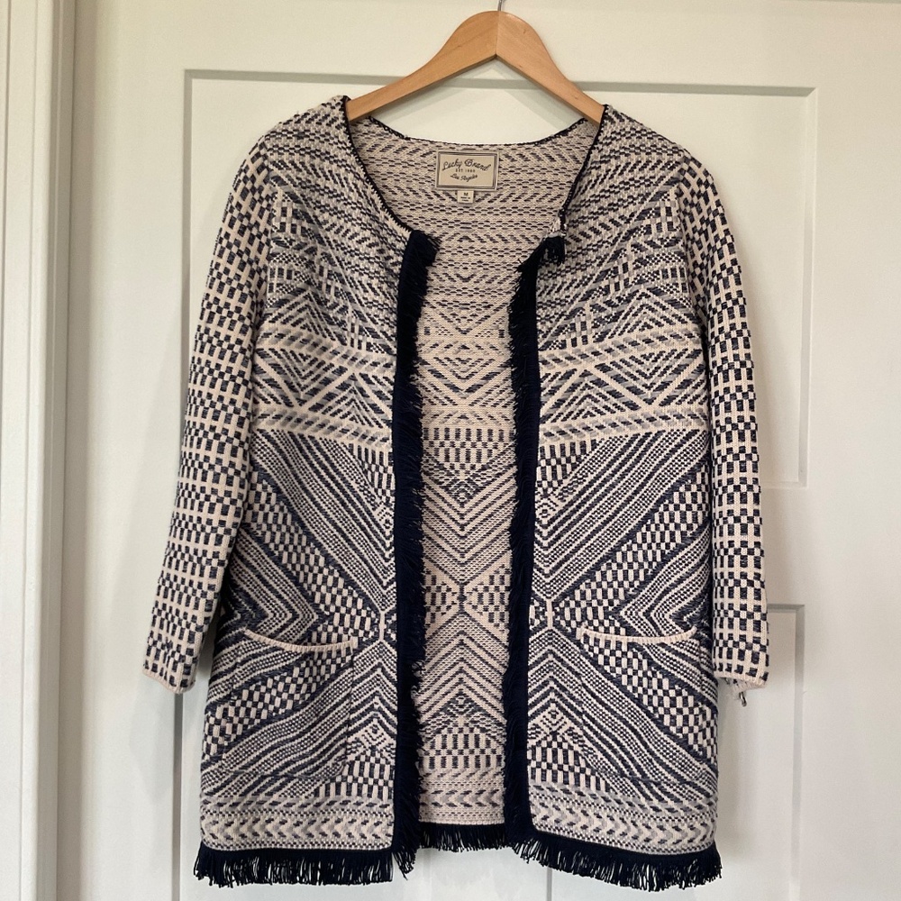 Lucky Brand Open Front Cardigan Women Medium Blue Cream Woven Fringe Aztec - Picture 3 of 16